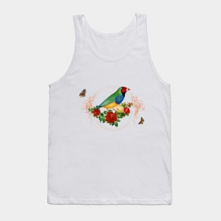 Red Head Finch standing in red Roses with Butterflies surrounded Tank Top